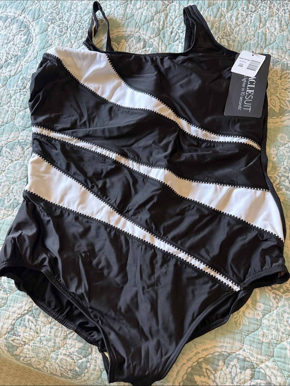 Miraclesuit Black & White Diagonal Panel One-Piece Swimsuit